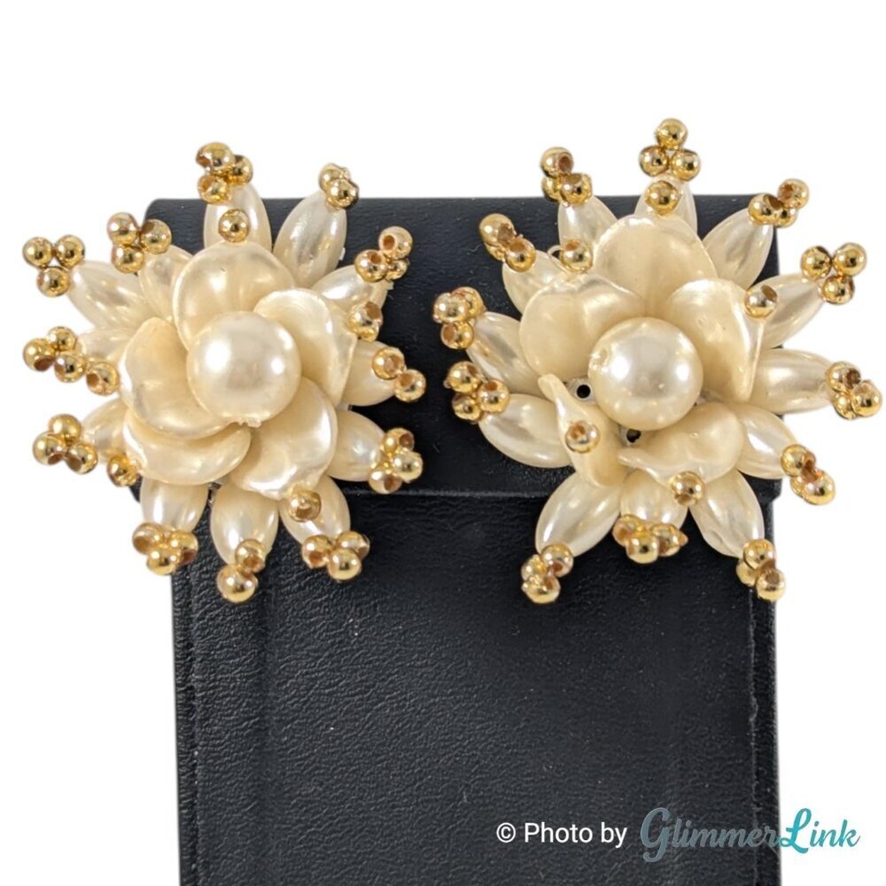 Vintage Faux Pearl Floral Clip On Earrings Gold Tone Mid Century 1960s Bridal